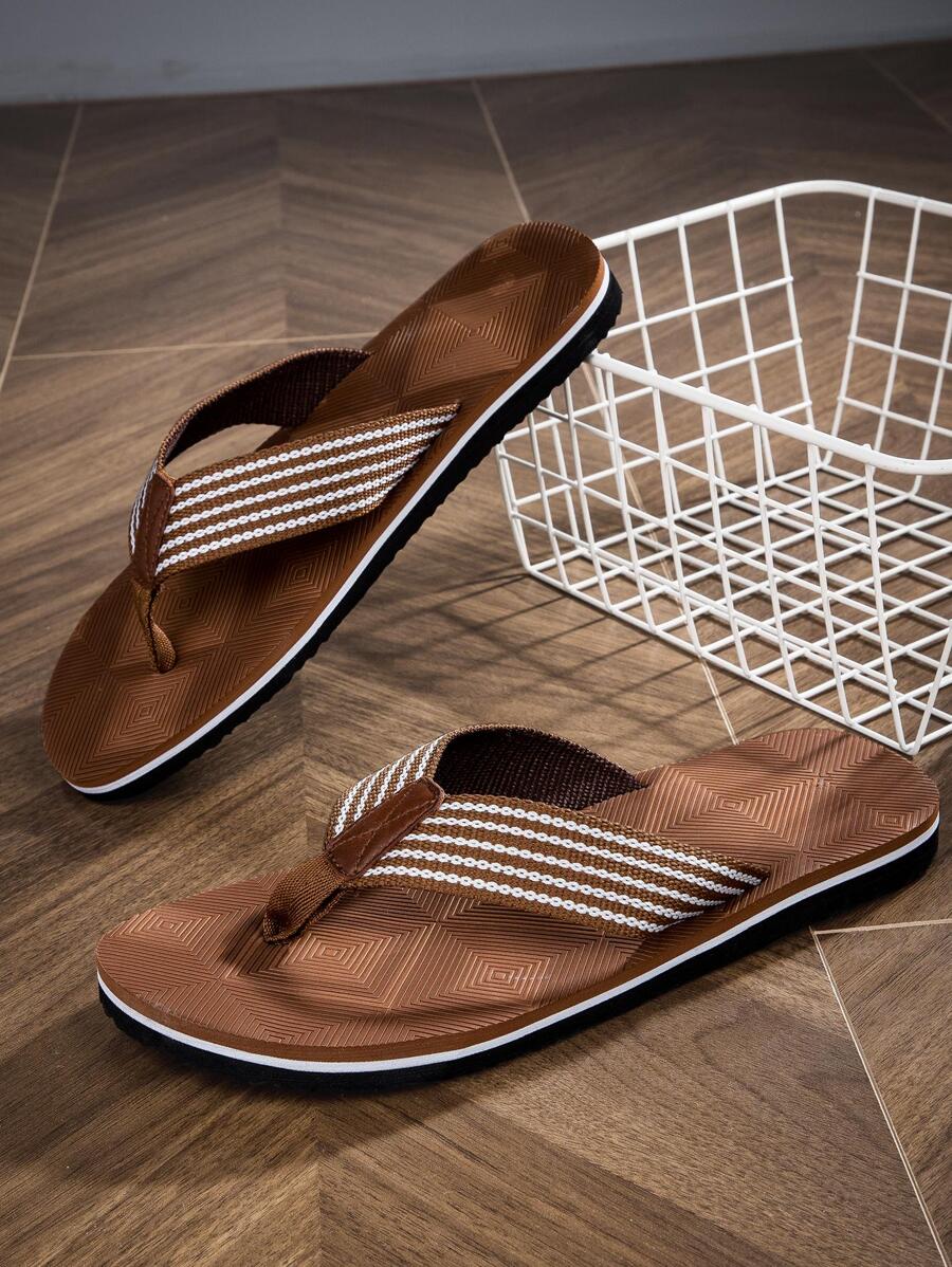 VURNBOIO Men Striped Pattern Flip Flops, Casual Summer Fabric Slippers - Brown - View 1