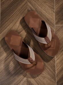 VURNBOIO Men Striped Pattern Flip Flops, Casual Summer Fabric Slippers - Brown - View 2