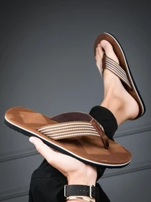 VURNBOIO Men Striped Pattern Flip Flops, Casual Summer Fabric Slippers - Brown - View 10