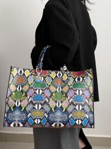 时尚蛇纹图案四季皆宜旅行购物手提包，超大号手提包