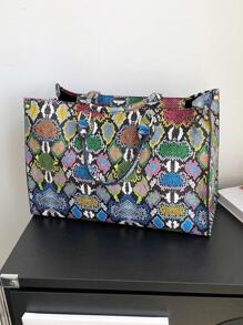 时尚蛇纹图案四季皆宜旅行购物手提包，超大号手提包