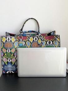 时尚蛇纹图案四季皆宜旅行购物手提包，超大号手提包