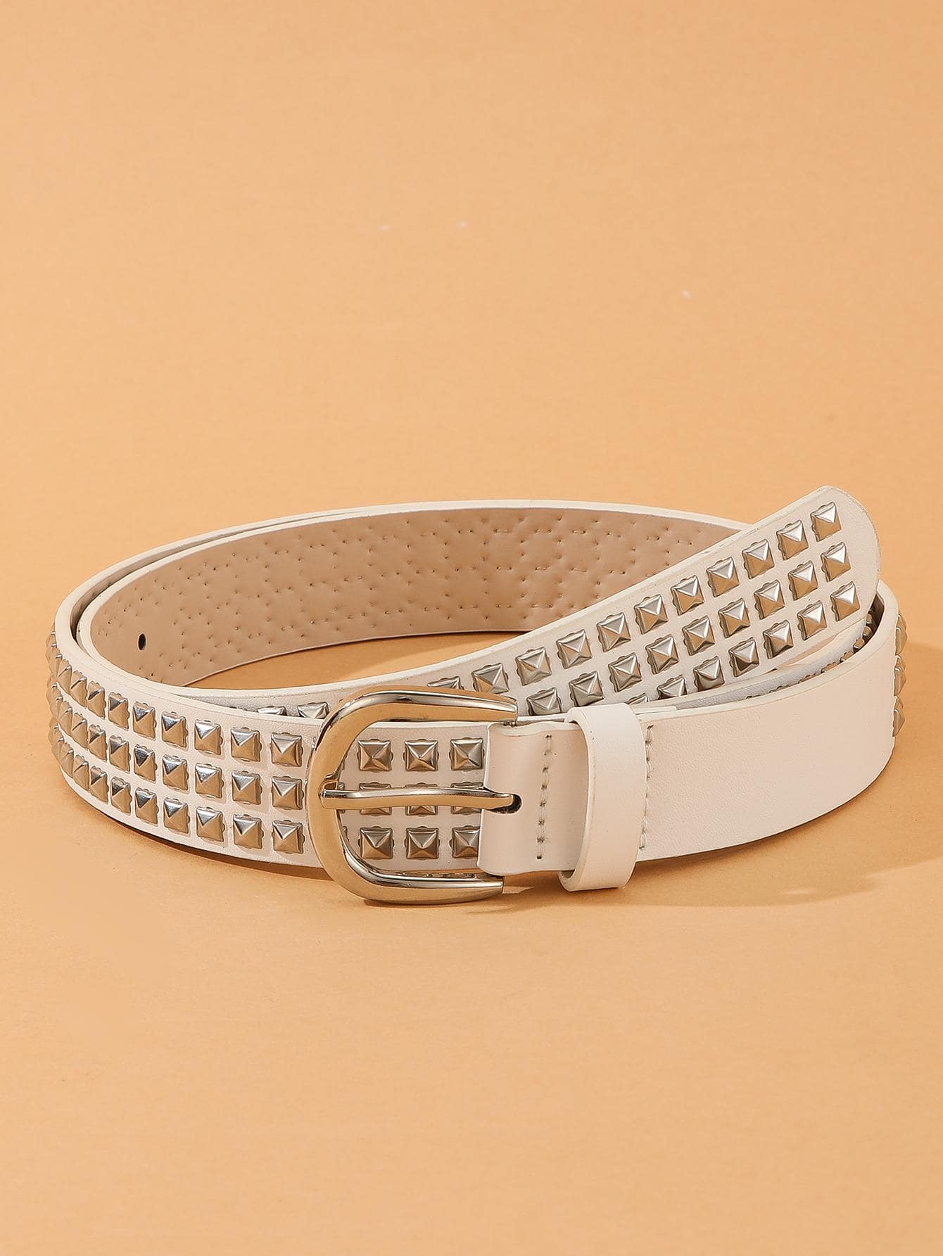 1条银色扣环方形宝塔经典女士腰带，2.8厘米宽PU皮革，适合日常通勤配饰 - 白色 - 查看 1