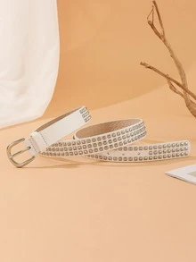 1条银色扣环方形宝塔经典女士腰带，2.8厘米宽PU皮革，适合日常通勤配饰 - 白色 - 查看 3