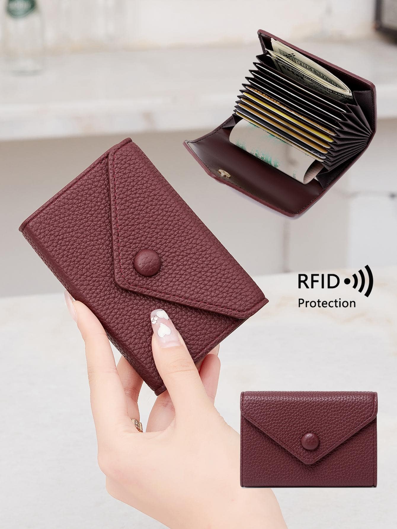 CHARM INFINITE Ví đựng thẻ Litchi dập nổi nhiều khe cắm thẻ có nút bấm trang trí nhẹ di động Thẻ ID cho nhân viên văn phòng dành cho nữ dùng cho ngày lễ kỷ niệm quà tặng sinh nhật Phụ kiện đựng thẻ quà tặng Ví đựng danh thiếp Ví đựng thẻ tín dụng dành cho nữ Ví mini Ví đựng thẻ Ví đựng thẻ Ví RFID - Màu Đỏ Sâu - Xem 1