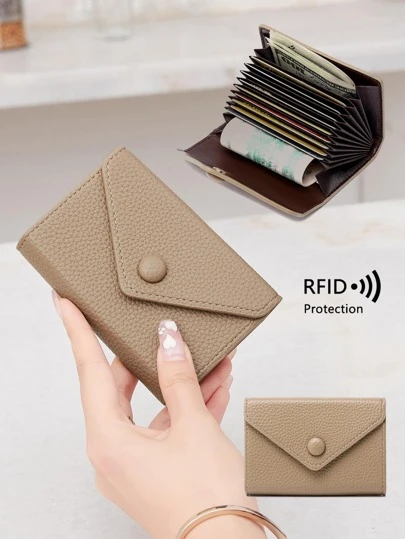 CHARM INFINITE 荔枝压纹 多卡位 翻盖纽扣装饰 轻便便携卡 身份证 白领阶层 女性用 节日用 周年纪念用 生日礼物 配件 礼品卡夹 钱包 名片夹 信用卡夹 女士 女士钱包 迷你钱包 零钱包 钱包 卡片钱包 射频识别钱包