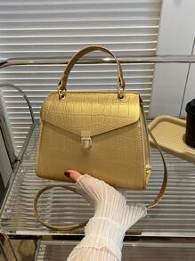 de moda & elegante con cocodrilo en relieve PU ajustable Tira bandolera cuadrado Bolso bandolera con solapa Bolso de mano para verano - Dorado - Ver 2