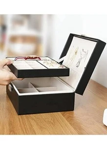 Joyero Organizador de Piel Alhajero 2 Niveles - Negro - Ver 4