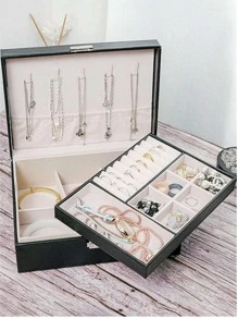 Joyero Organizador de Piel Alhajero 2 Niveles - Negro - Ver 6