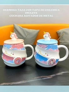 Unicorn And Fruit Ceramic Mug With Lid For Coffee Or Tea Spiral Design Gift Home Decoration - 黃色 - 查看 5
