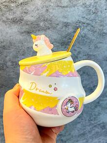 Unicorn And Fruit Ceramic Mug With Lid For Coffee Or Tea Spiral Design Gift Home Decoration - 黃色 - 查看 7