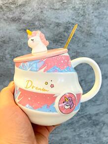 Unicorn And Fruit Ceramic Mug With Lid For Coffee Or Tea Spiral Design Gift Home Decoration - 粉色 - 查看 7