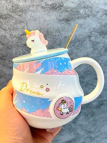 Unicorn And Fruit Ceramic Mug With Lid For Coffee Or Tea Spiral Design Gift Home Decoration - 藍色 - 查看 7