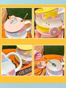 Unicorn And Fruit Ceramic Mug With Lid For Coffee Or Tea Spiral Design Gift Home Decoration - 藍色 - 查看 6
