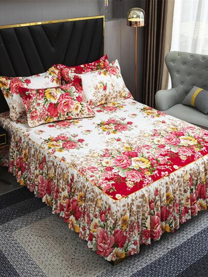 1 pieza Faldón de cama con patrón floral Cama moderno de tela ribete con fruncido cómodo para cama