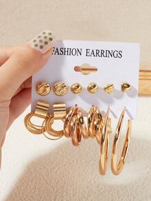 6 pares/set Pendientes con corazón & con diseño redondo - Amarillo Oro - Ver 1