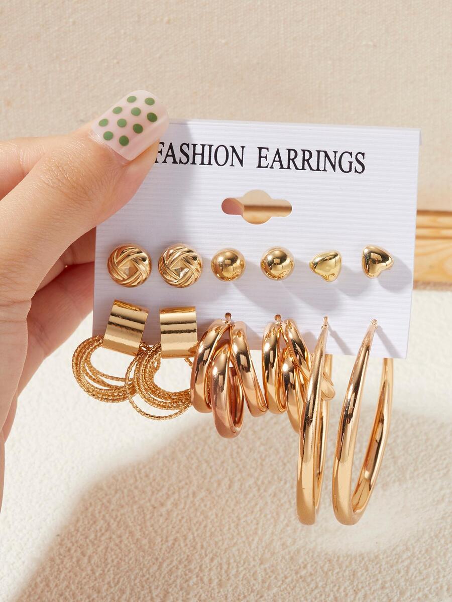 6 pares/set Pendientes con corazón & con diseño redondo - Amarillo Oro - Ver 1