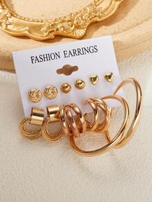 6 pares/set Pendientes con corazón & con diseño redondo - Amarillo Oro - Ver 2