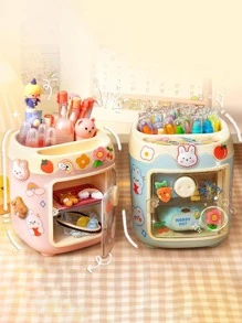 1pc Cartoon Graphic Stationery Storage Box, Modern Two Tone Stationery Storage Box For Student - Orange - View 1