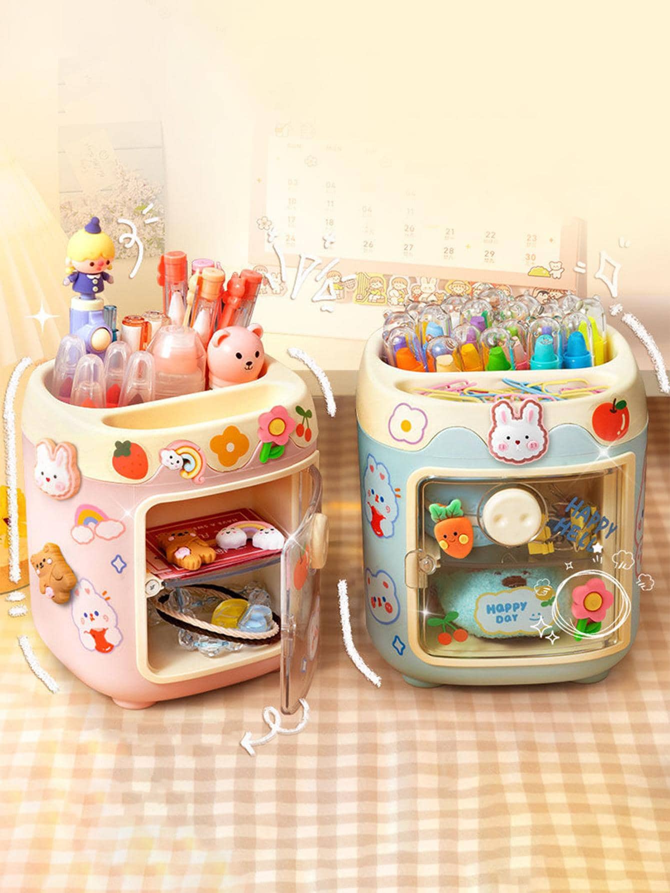 1pc Cartoon Graphic Stationery Storage Box, Modern Two Tone Stationery Storage Box For Student - Orange - View 1