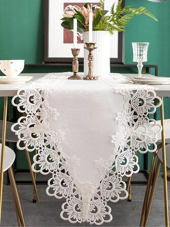 1入組滌綸桌巾歐式風花卉刺繡廚房桌巾適用於餐廳