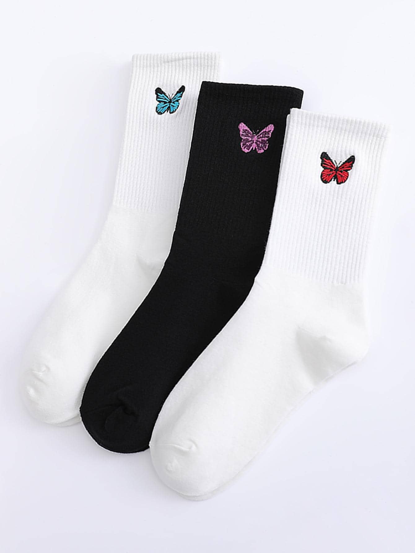 3雙女性蝴蝶刺繡時尚中筒襪適用於日常生活 - 彩色 - 查看 1