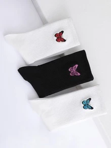 3雙女性蝴蝶刺繡時尚中筒襪適用於日常生活 - 彩色 - 查看 2