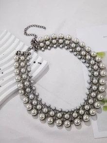 Halsband i konstpärlor - Metallsvart - Visa 2