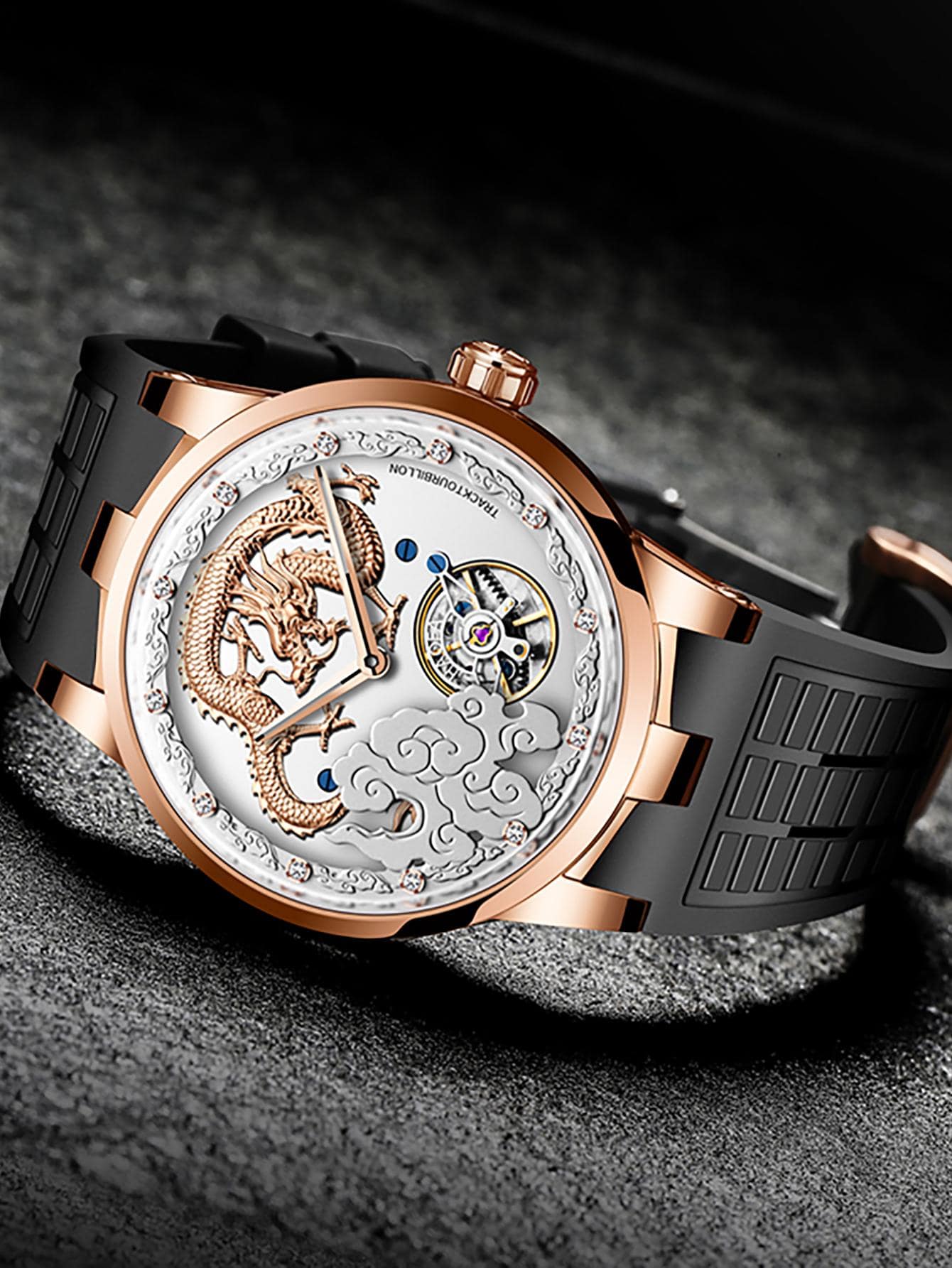 Haofa 1pc Men's Carrusel Double Spring Drive Mechanical Watch With Exposed Flying Tourbillon & 3d Chinese Dragon Dial, Vintage Chinese Style Wristwatch - Silver - View 1