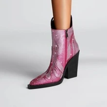 魅力四射班級靴子適用於女士水鑽裝飾粗跟時尚靴子 - 粉色 - 查看 3