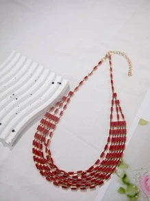 1入組珠子裝飾多層次項鍊 - 紅色 - 查看 2