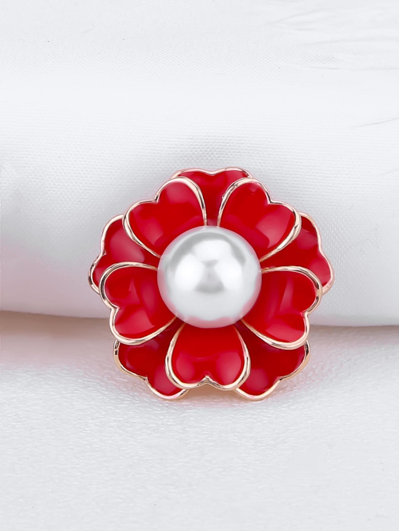 人造珍珠裝飾花朵設計胸針 - 紅色 - 查看 1