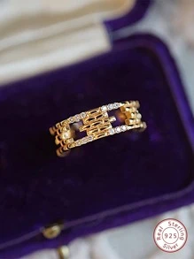 Stylever 1 件复古宫廷方形锆石戒指女款 S925 纯银轻奢精致女士高级珠宝礼物 - 金色 - 查看 2