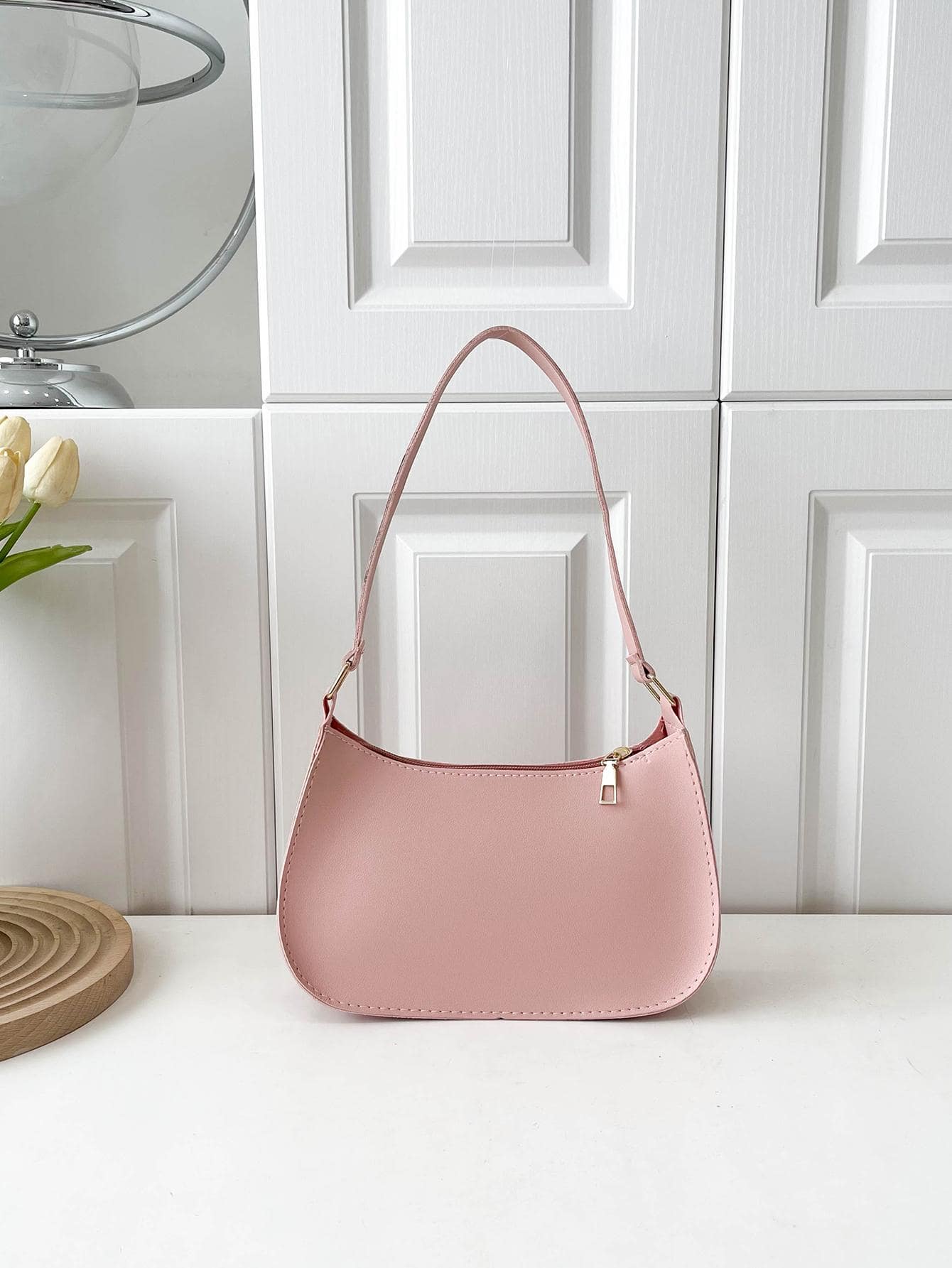 中等流浪包帶拉鍊素色極簡 - 粉色 - 查看 1