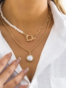 人造珍珠裝飾多層次項鍊 - 金色 - 查看 1