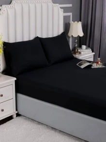 無填充物素色床笠套裝臥室用簡單黑色織物床上用品床笠套裝 - 黑色 - 查看 3