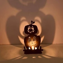 1入組萬聖節圖案復古木頭底座多層木頭底座和貓貓設計燭臺 - 黑色 - 查看 10