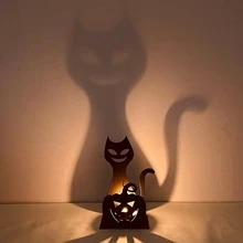 1入組萬聖節圖案復古木頭底座多層木頭底座和貓貓設計燭臺 - 黑色 - 查看 8