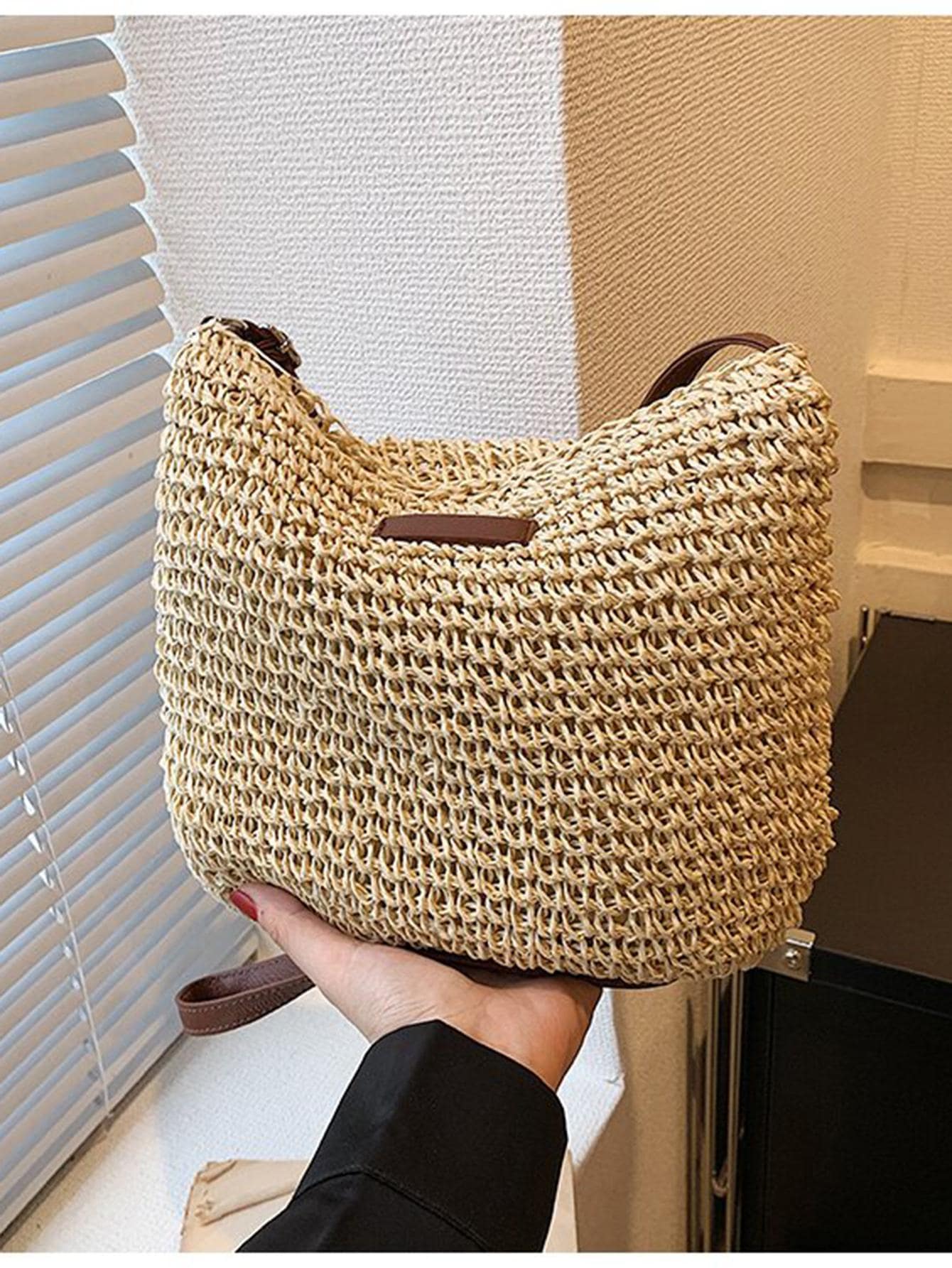 Medium Straw Bag Minimalist Adjustable Strap For Vacation - Beige - View 1