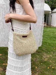 Medium Straw Bag Minimalist Adjustable Strap For Vacation - Beige - View 2
