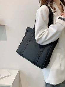 大容量帆布手提包，休闲手提包，单肩包，升级版，适合女性或学生，非常适合携带书籍、购物物品，返校必备 - 黑色 - 查看 6