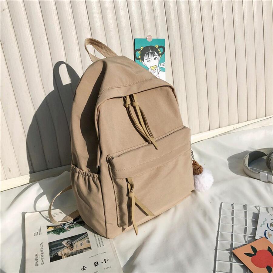 Ba lô cổ điển tối giản Dây kéo trung bình Trang trí Pom Pom - Màu Khaki - Xem 1