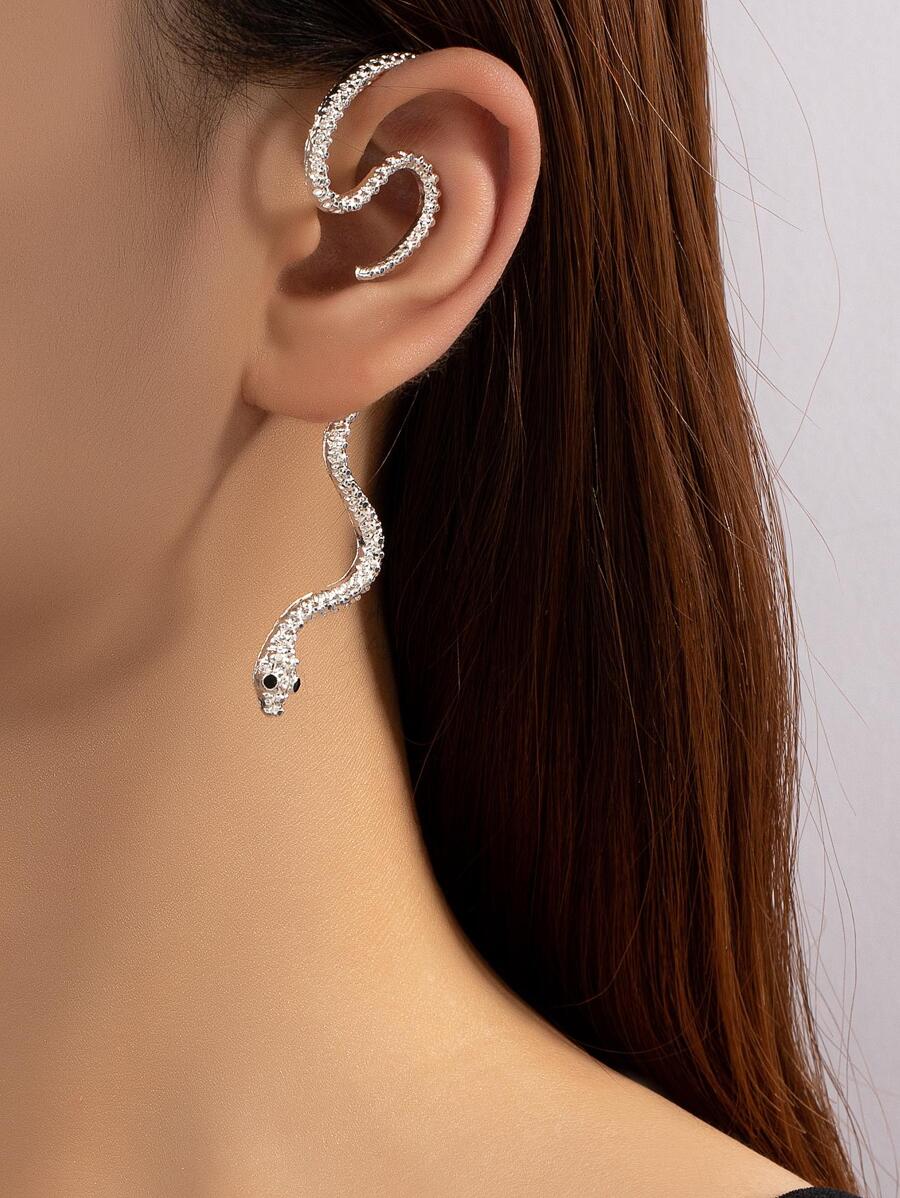 1入組時尚鋅合金蛇設計耳掛適合女士日常裝飾 - 銀色 - 查看 1