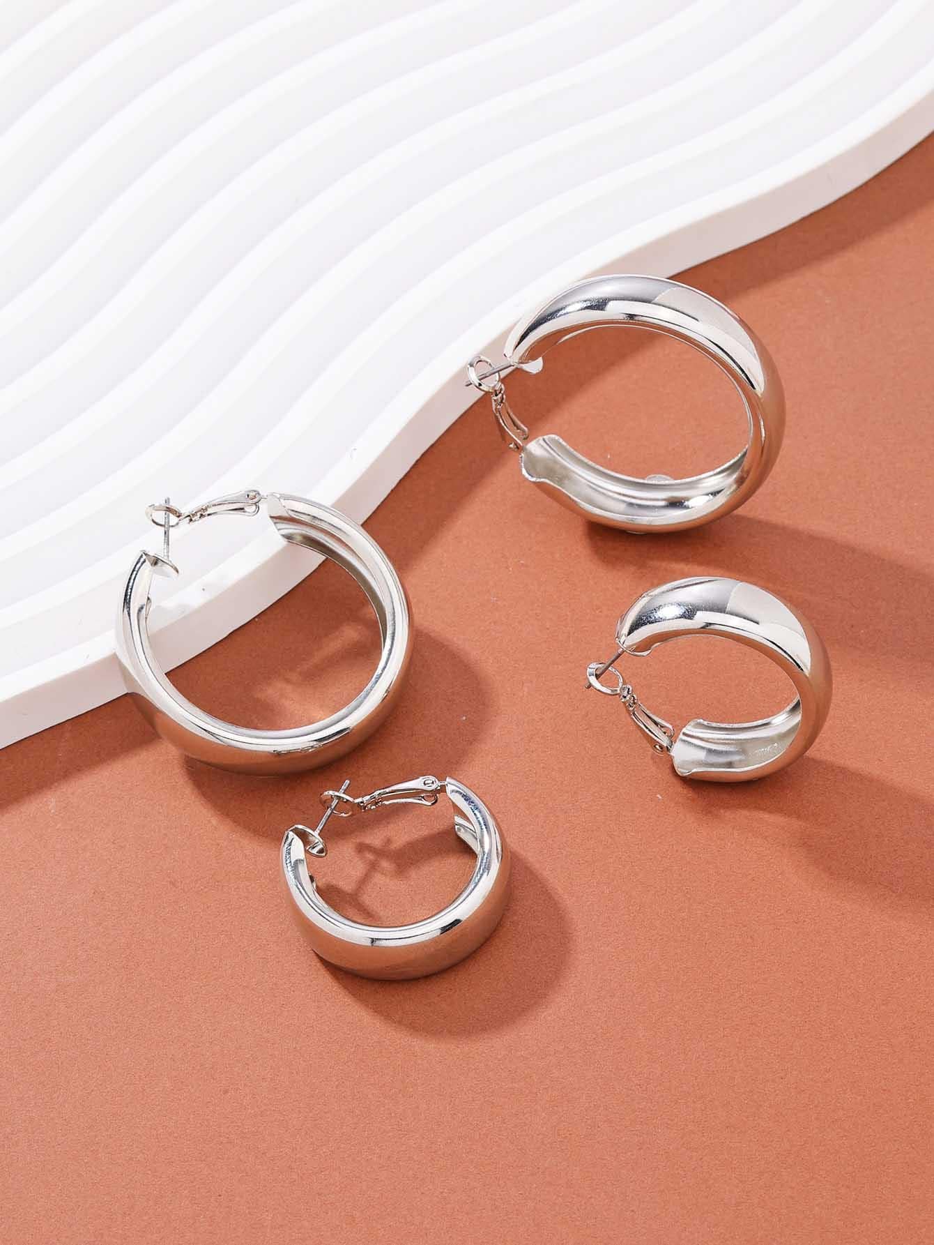 2 cặp/bộ Bông tai dạng vòng tối giản - Bạc - Xem 1