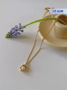 1 件时尚不锈钢仿珍珠装饰不对称吊坠项链适合女士日常装饰 - 金黃色 - 查看 2