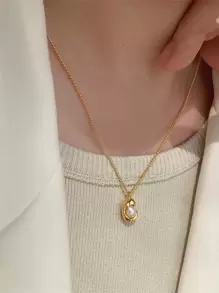 1 件时尚不锈钢仿珍珠装饰不对称吊坠项链适合女士日常装饰 - 金黃色 - 查看 4