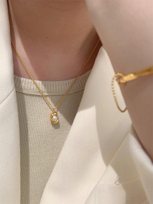 1 件时尚不锈钢仿珍珠装饰不对称吊坠项链适合女士日常装饰 - 金黃色 - 查看 5