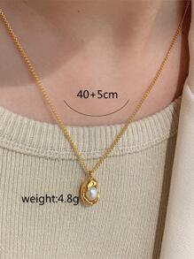 1 件时尚不锈钢仿珍珠装饰不对称吊坠项链适合女士日常装饰 - 金黃色 - 查看 3