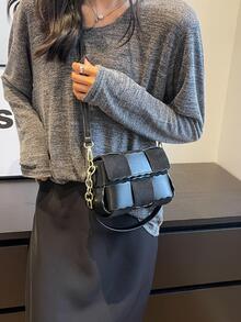 迷你時尚鑽石棋盤格顏色阻塞鏈條肩帶手提包 - 黑色 - 查看 2