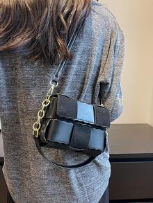 迷你時尚鑽石棋盤格顏色阻塞鏈條肩帶手提包 - 黑色 - 查看 3